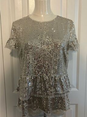 ENDLESS ROSE, Short Sleeve Silver Sequin Peplum Blouse, Size M